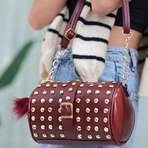 Gold Studded Hardware Center Buckle Strap Cylindrical Shoulder Bag